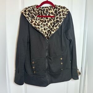 Leopard Lined Black Women's hoodie jacket, size large